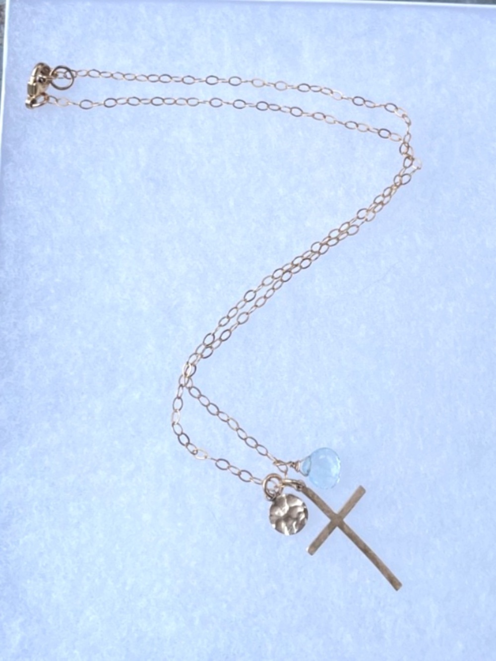 Sundance Gold filled Cross Necklace with Aquamarine pendant and gold fill circle